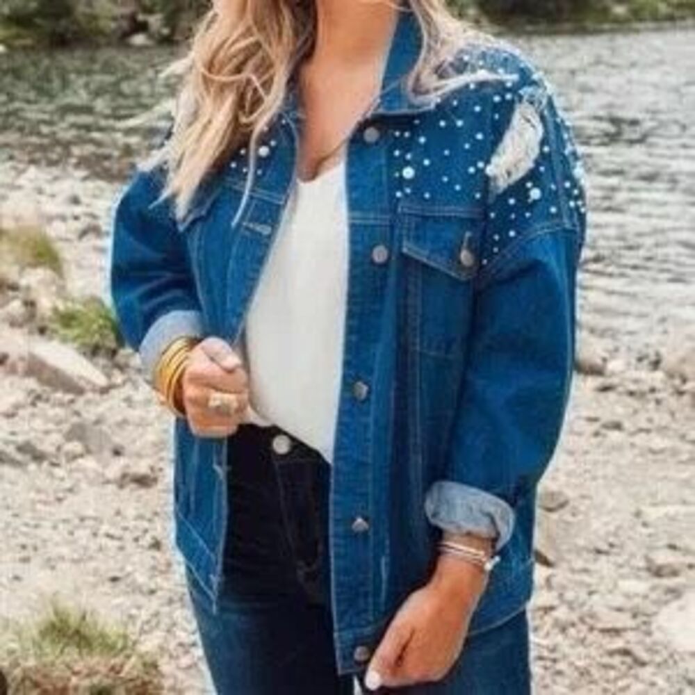 Buddy Love Womens Blue Pearl Studded Distressed Denim Jean Jacket Size Medium